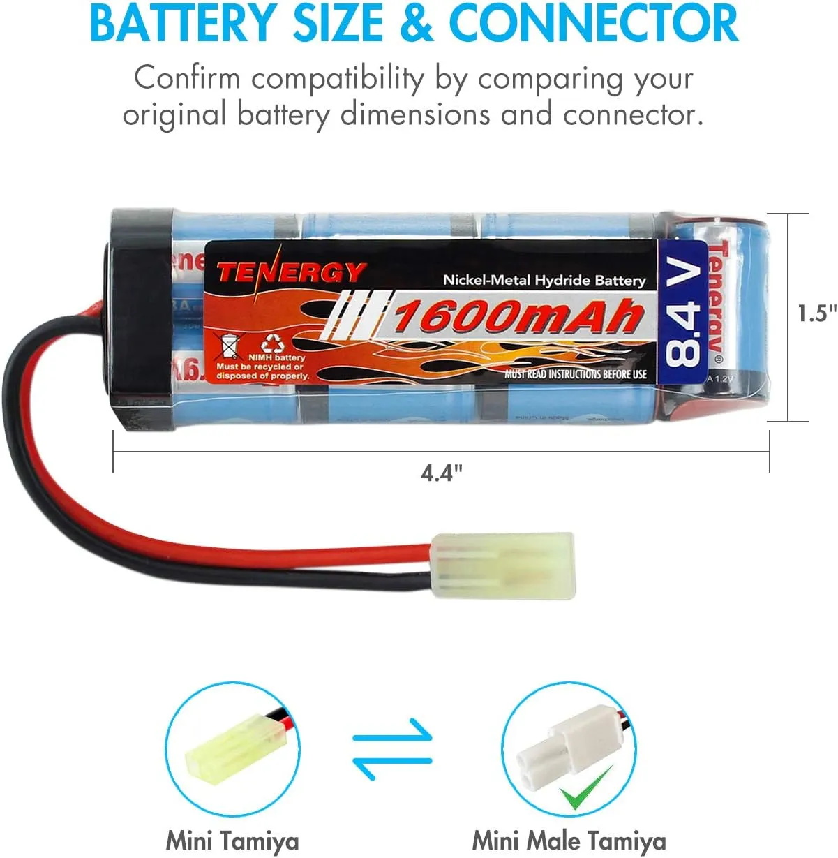 Tenergy 8.4V NiMH Flat Battery Pack w/Mini Tamiya Connector High Capacity 1600mAh Battery