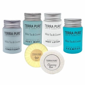 Terra Pure White Tea and Coconut | 75 pcs 1oz Shampoo and Conditioner, Body Wash, Lotion, 1.25oz Cleansing Bar and 100 pcs Bar Soap