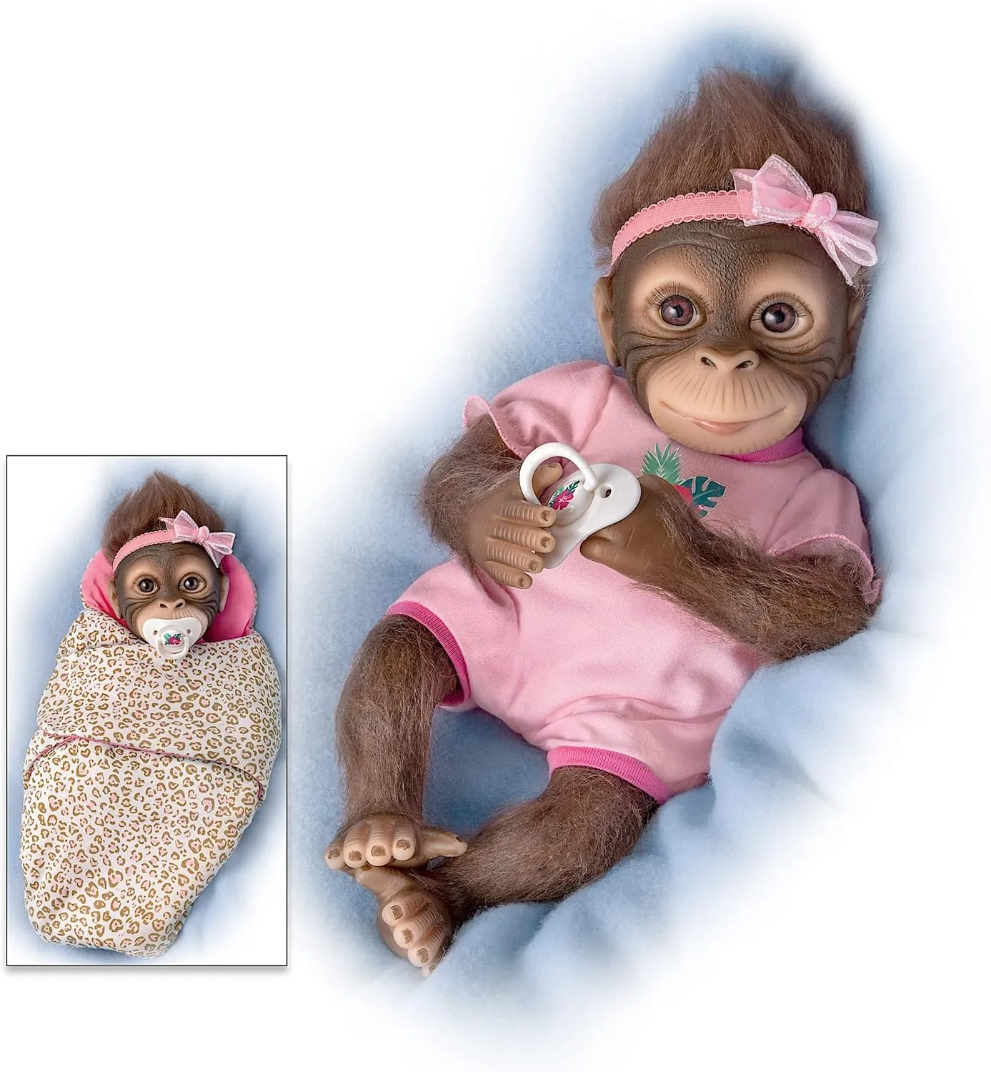 The Ashton-Drake Galleries So Truly Real Snuggle Suri Vinyl Monkey Baby Doll with Hand-Applied Mohair, Custom-Designed Animal Print Bunting and Pacifier