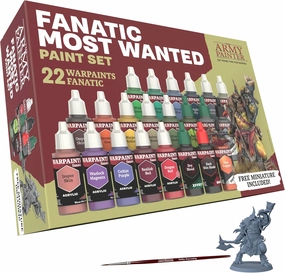 The Army Painter Warpaints Fanatic Most Wanted Combo Set, 22 paints - 16 Acrylic Colours, 2 Metallics, 2 Effects, 1 Wash, 1 Brush-On Primer, 1 Free Miniature Figure & Brush