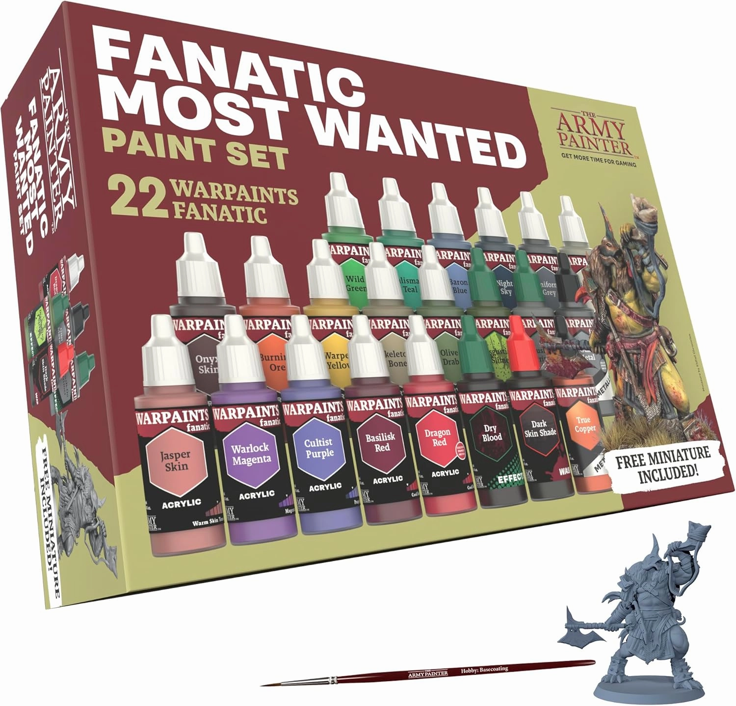 The Army Painter Warpaints Fanatic Most Wanted Combo Set, 22 paints - 16 Acrylic Colours, 2 Metallics, 2 Effects, 1 Wash, 1 Brush-On Primer, 1 Free Miniature Figure & Brush