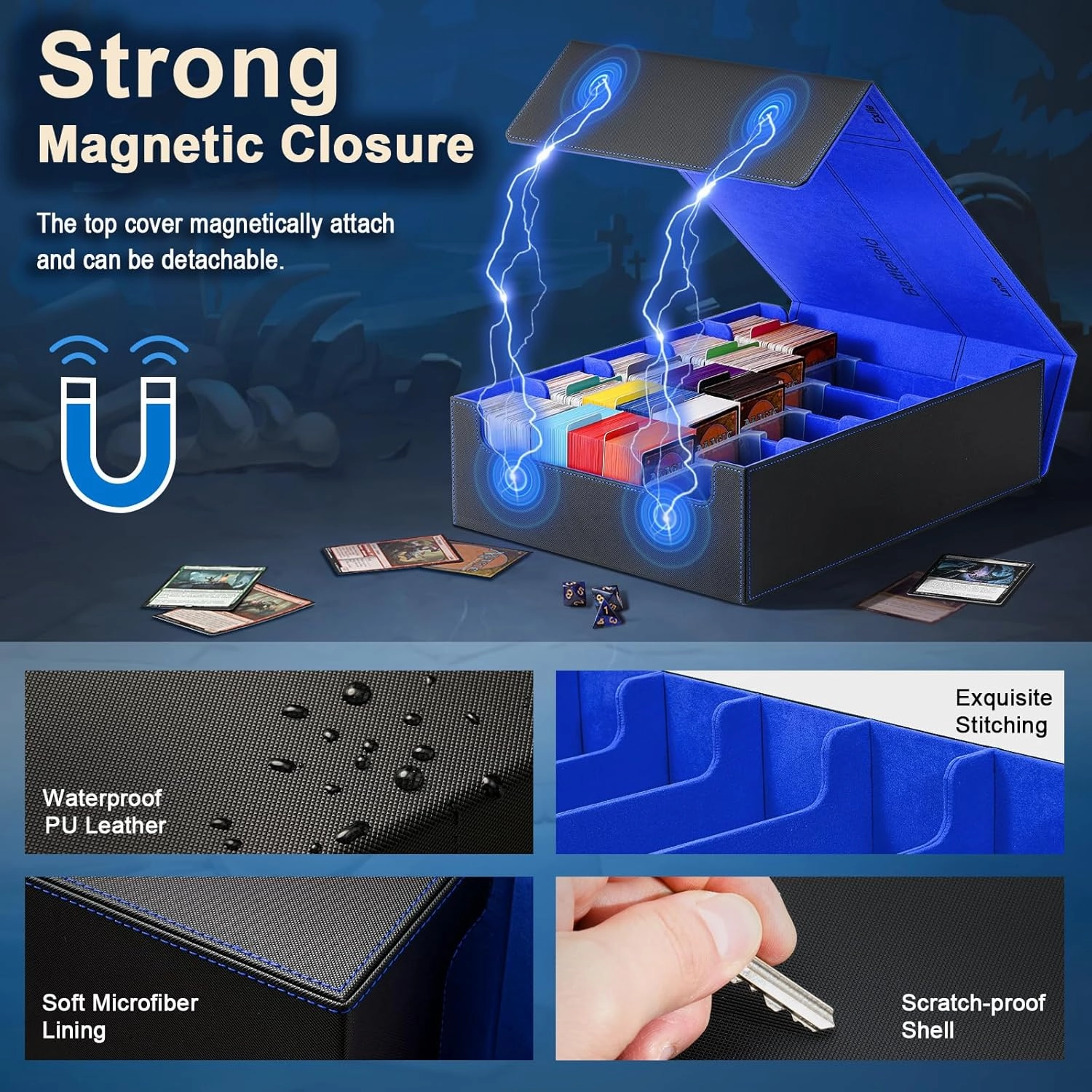 TiMOVO Trading Cards Storage Box, 3800  MTG Card Deck Box with 24 Colorful Dividers & 5 Card Supporters, 5 Rows Magnetic Leather Commander Deck Box Fits MTG Yugioh TCG Magic Game Cards, Black Blue