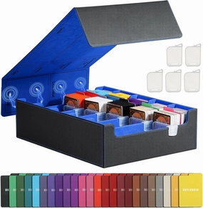 TiMOVO Trading Cards Storage Box, 3800  MTG Card Deck Box with 24 Colorful Dividers & 5 Card Supporters, 5 Rows Magnetic Leather Commander Deck Box Fits MTG Yugioh TCG Magic Game Cards, Black Blue