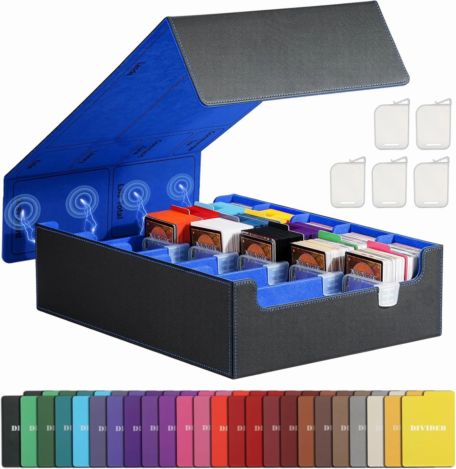 TiMOVO Trading Cards Storage Box, 3800  MTG Card Deck Box with 24 Colorful Dividers & 5 Card Supporters, 5 Rows Magnetic Leather Commander Deck Box Fits MTG Yugioh TCG Magic Game Cards, Black Blue