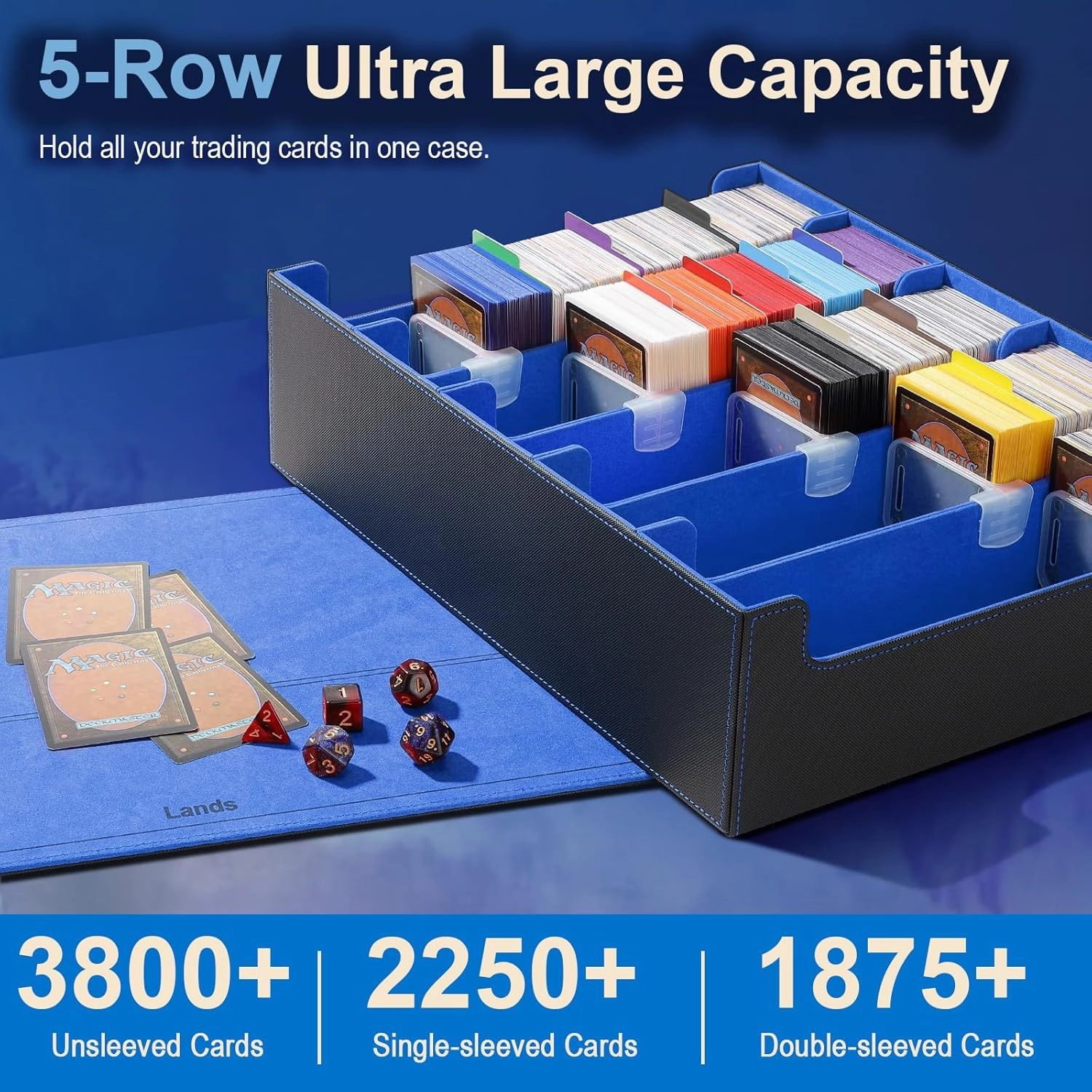 TiMOVO Trading Cards Storage Box, 3800  MTG Card Deck Box with 24 Colorful Dividers & 5 Card Supporters, 5 Rows Magnetic Leather Commander Deck Box Fits MTG Yugioh TCG Magic Game Cards, Black Blue