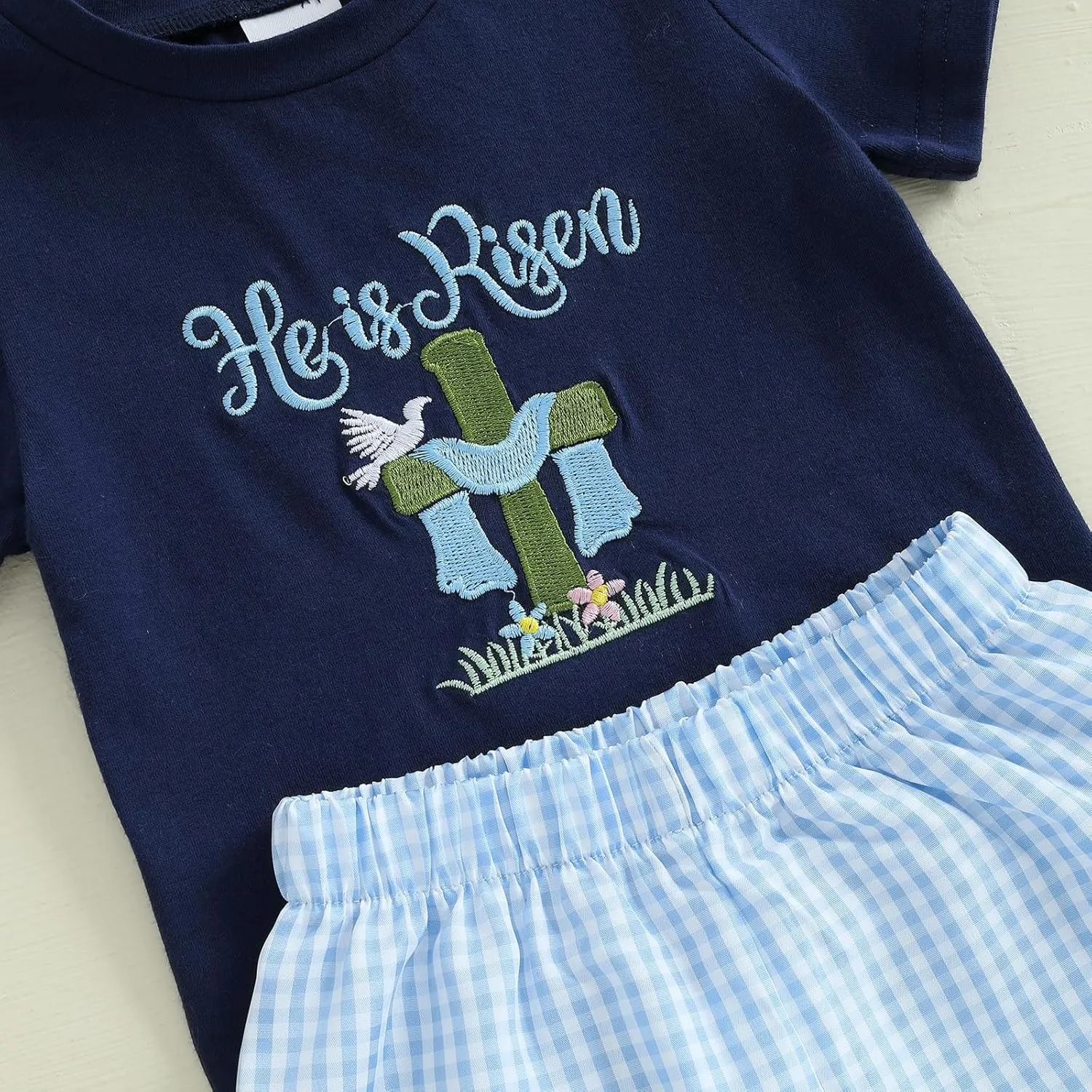 Toddler Baby Boy Easter Outfit Bunny Embroidery Short Sleeve T-shirt Elastic Plaid Shorts 2pcs Infant Summer Set