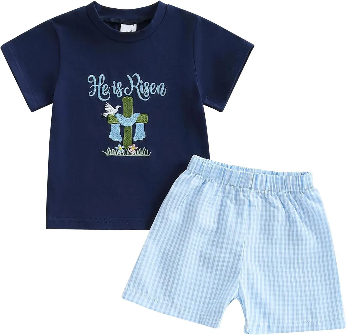 Toddler Baby Boy Easter Outfit Bunny Embroidery Short Sleeve T-shirt Elastic Plaid Shorts 2pcs Infant Summer Set
