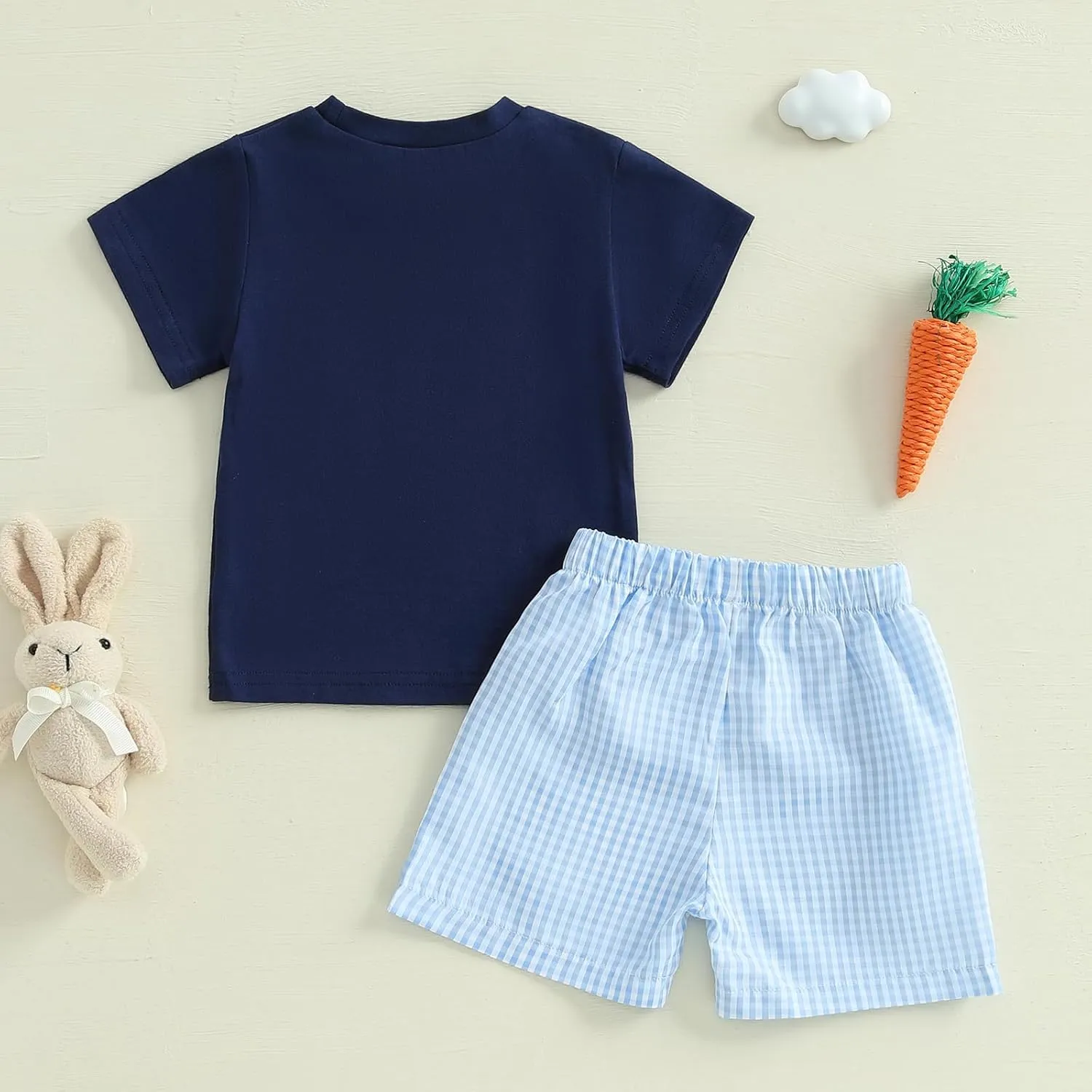 Toddler Baby Boy Easter Outfit Bunny Embroidery Short Sleeve T-shirt Elastic Plaid Shorts 2pcs Infant Summer Set