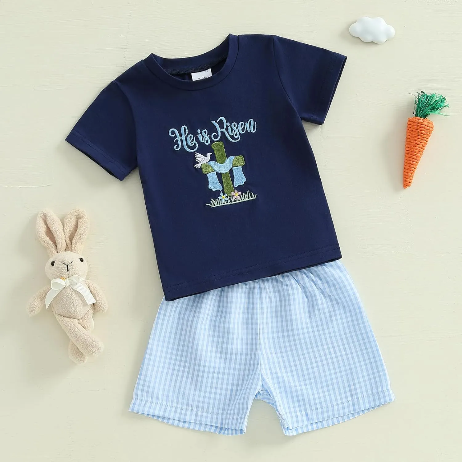 Toddler Baby Boy Easter Outfit Bunny Embroidery Short Sleeve T-shirt Elastic Plaid Shorts 2pcs Infant Summer Set