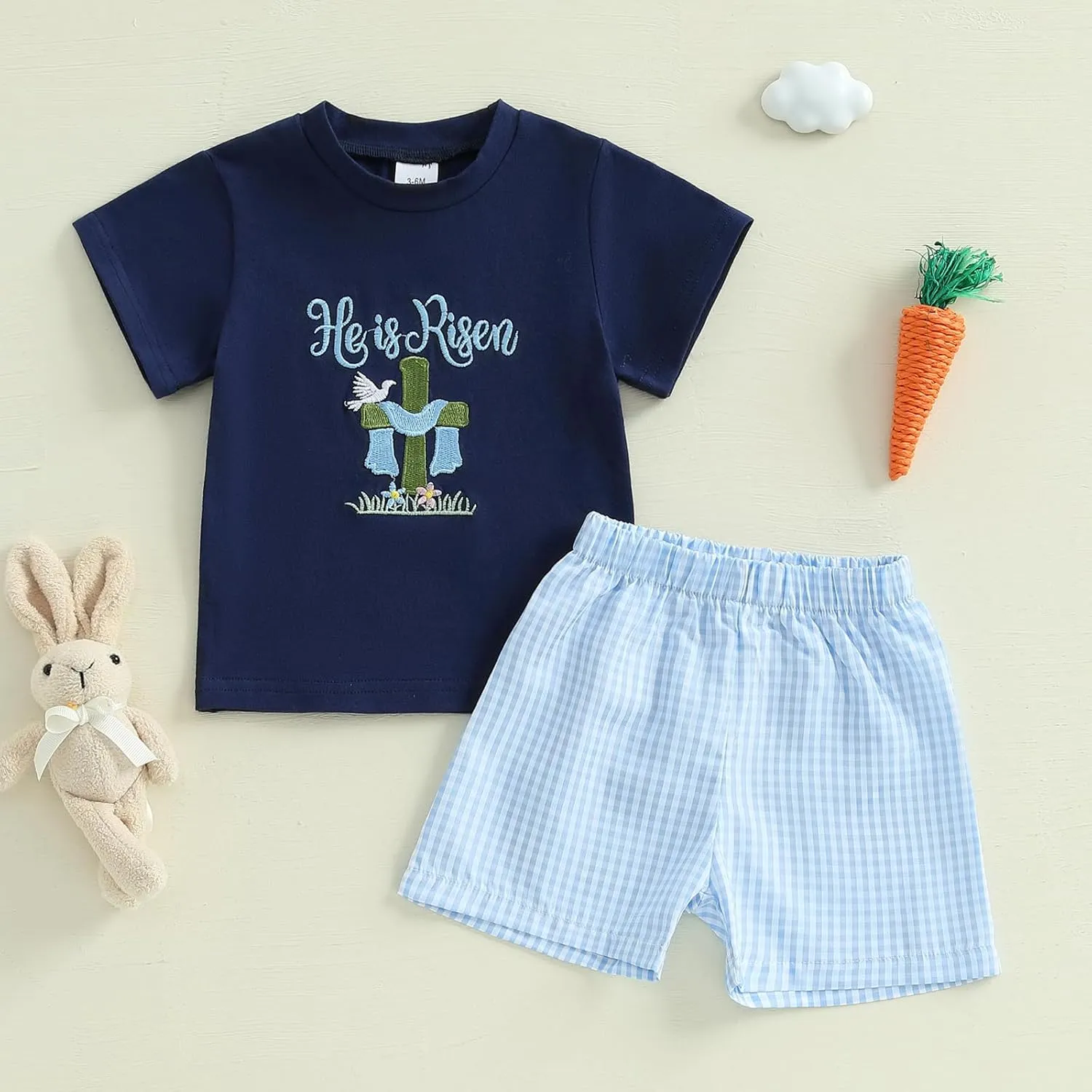 Toddler Baby Boy Easter Outfit Bunny Embroidery Short Sleeve T-shirt Elastic Plaid Shorts 2pcs Infant Summer Set