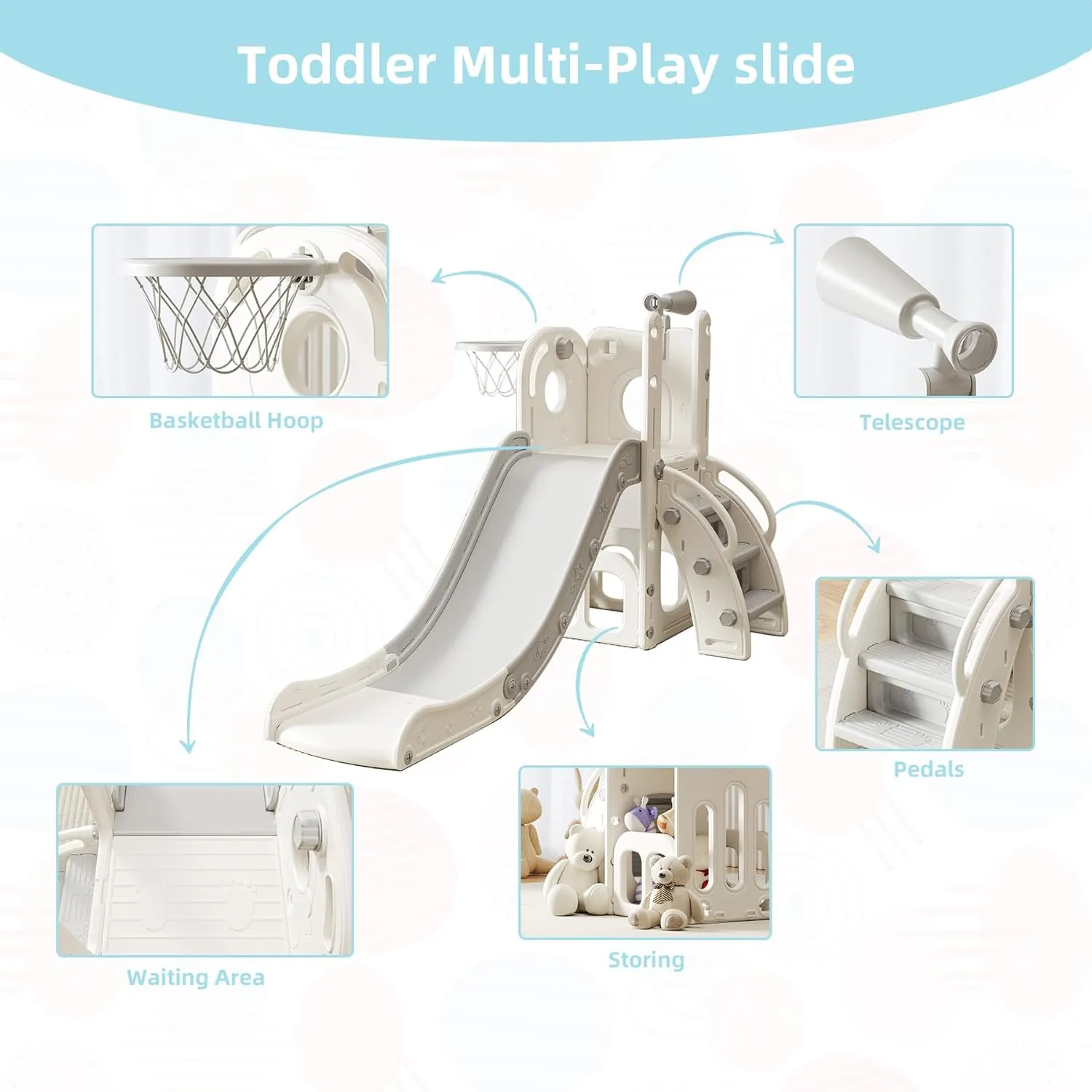 Toddler Slide Kids Climber Slides Baby Slider for Toddler Age 1-3,L Shaped Indoor Outdoor Playground Playset with Basketball Hoop, Storage, Telescope Toy Easy Assembly Gift for Boys and Girls