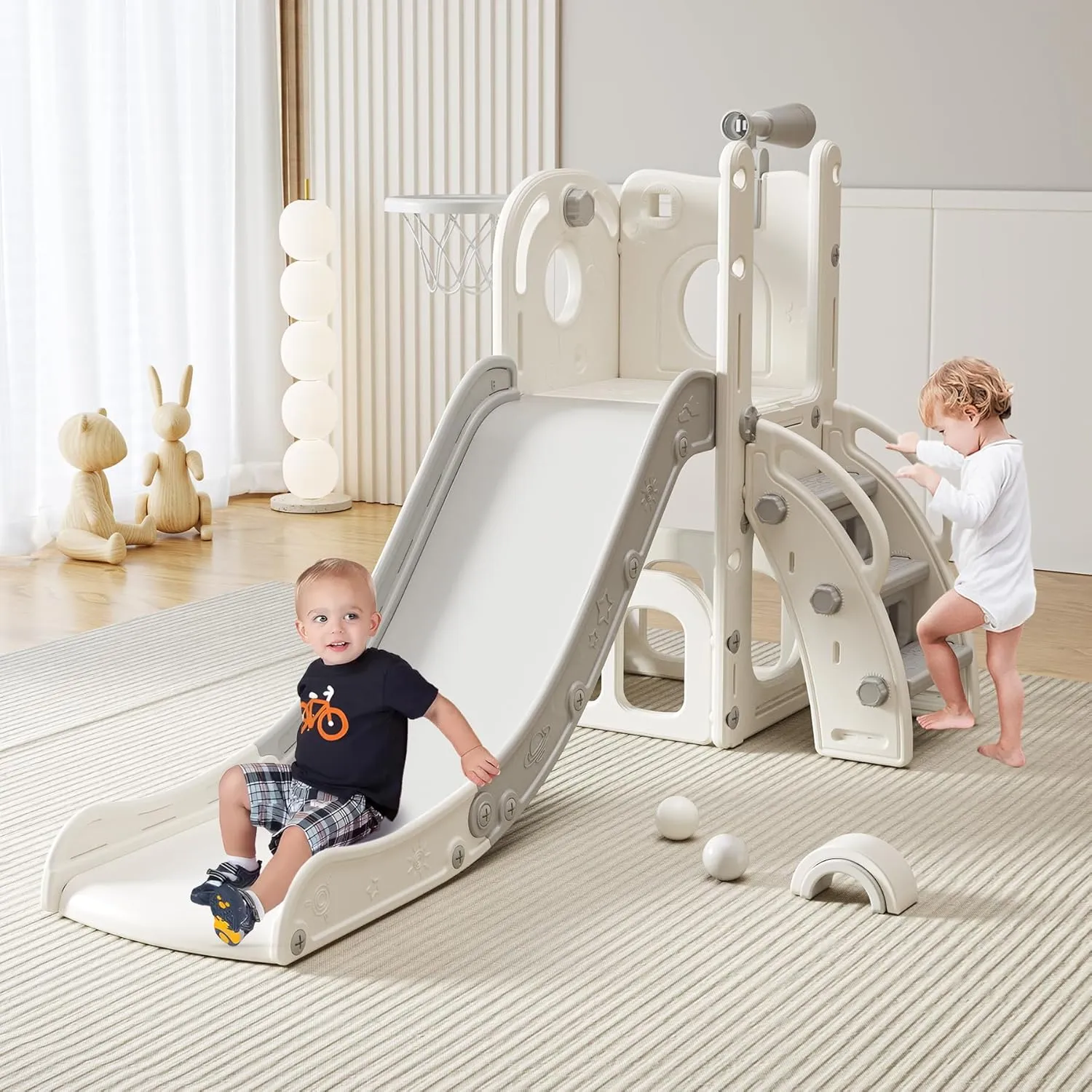 Toddler Slide Kids Climber Slides Baby Slider for Toddler Age 1-3,L Shaped Indoor Outdoor Playground Playset with Basketball Hoop, Storage, Telescope Toy Easy Assembly Gift for Boys and Girls
