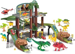 Toy Car Ramp Track Dinosaur Climbing Hills Railcar Colorful Vehicles Play Set with 4 Mini Racer Cars and 1 Helicopter for Preschool Gifts Kids Ages 3 Years and Older (Dinosaur Hill)