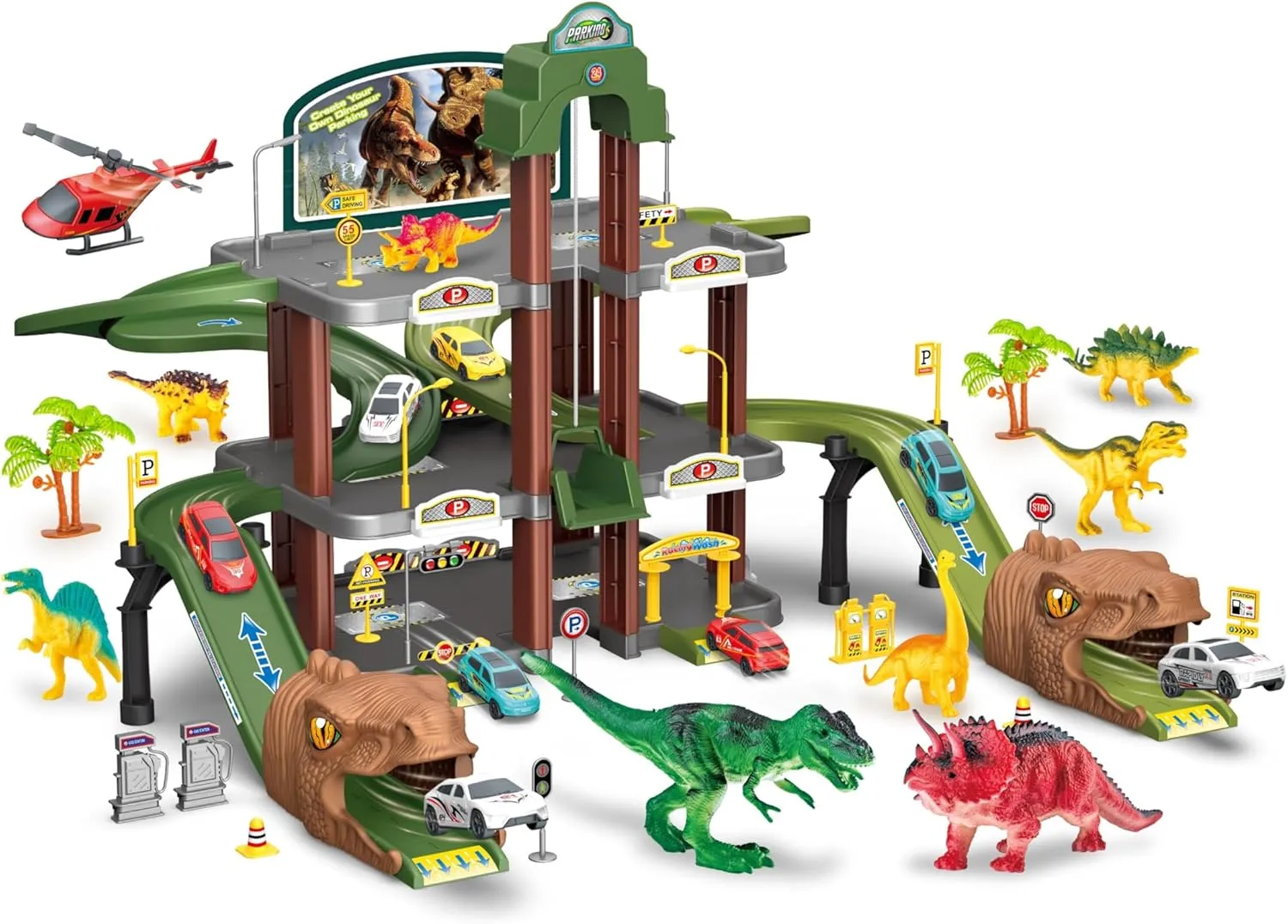 Toy Car Ramp Track Dinosaur Climbing Hills Railcar Colorful Vehicles Play Set with 4 Mini Racer Cars and 1 Helicopter for Preschool Gifts Kids Ages 3 Years and Older (Dinosaur Hill)
