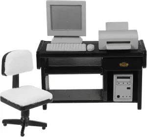 Toyvian Miniature Desk Office Furniture: 1 Set Dollhouse Mini Computer Desk and Tiny Chair Model Ornament for Crafts, Kids Doll House Decor