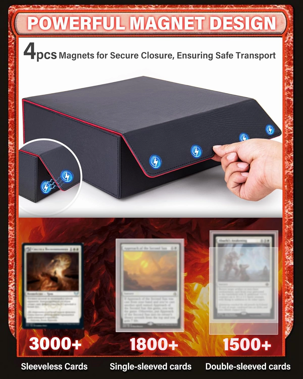 Trading Card Storage Box - 4 Rows MTG Deck Box, 3000  TCG Deck Case Has 6 Card Fixing Supporters and 24 Colorful Dividers, Leather Case for Magic Game (Red)