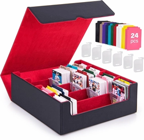 Trading Card Storage Box - 4 Rows MTG Deck Box, 3000  TCG Deck Case Has 6 Card Fixing Supporters and 24 Colorful Dividers, Leather Case for Magic Game (Red)