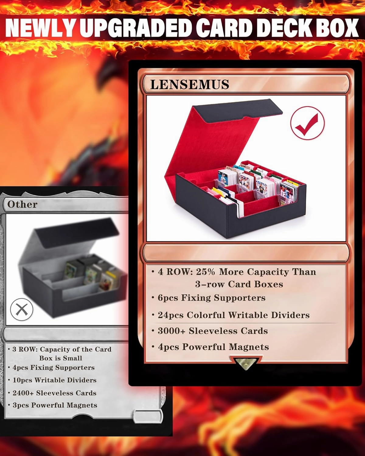 Trading Card Storage Box - 4 Rows MTG Deck Box, 3000  TCG Deck Case Has 6 Card Fixing Supporters and 24 Colorful Dividers, Leather Case for Magic Game (Red)