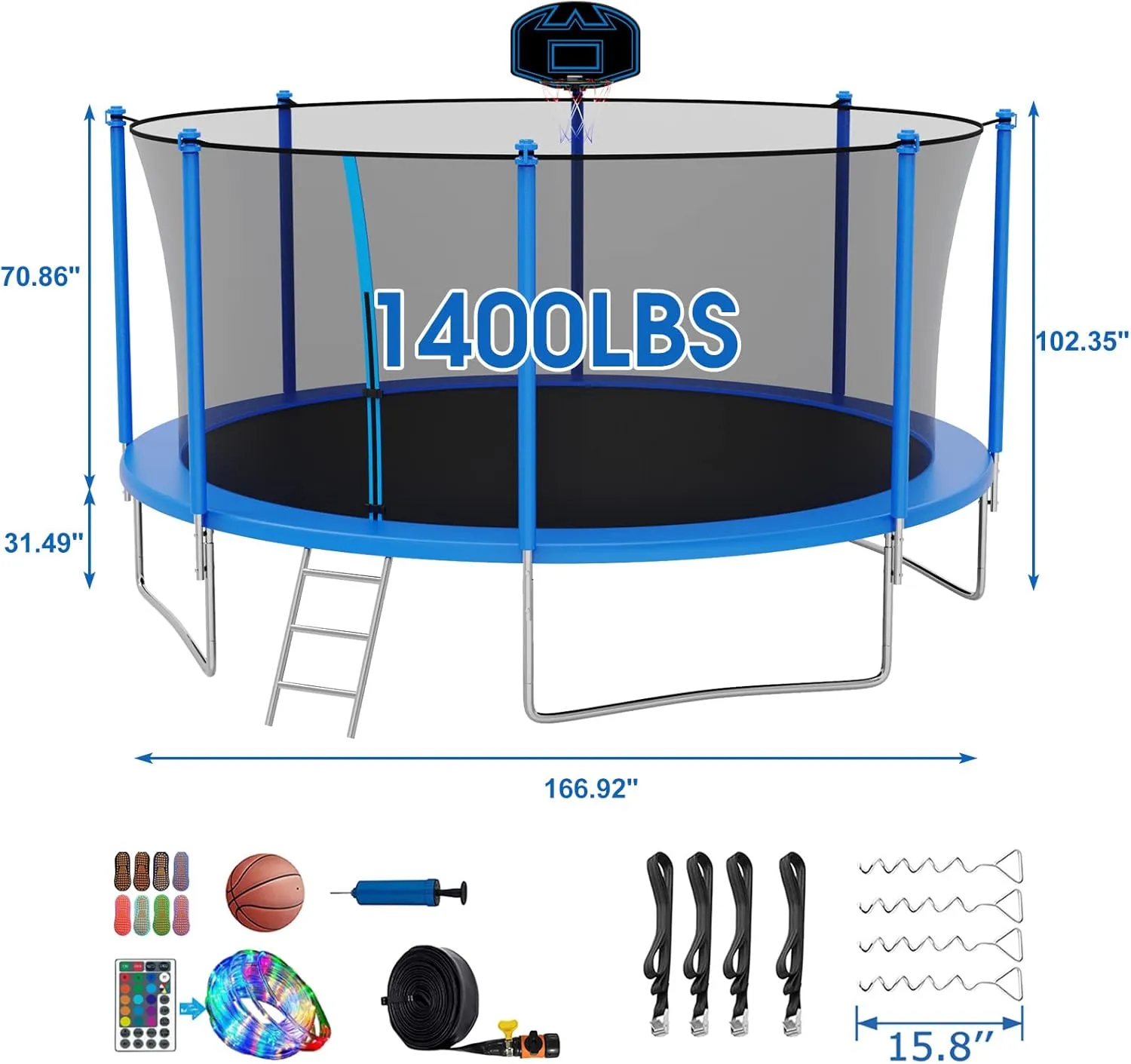 Tranpoline 1500LBS 16 15 14 12 10 8 FT Tranpoline for 7-10 Kids and Adults, Windproof Outdoor Tranpoline with Enclosure Net, Basketball Hoop, Easy to Install & Last Long - ASTM Approved