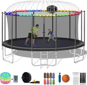 Tranpoline 1500LBS 16 15 14 12 10 8 FT Tranpoline for 9-10 Kids and Adults, Windproof Outdoor Tranpoline with LED Light Sprinkler Socks, Net, Basketball Hoop, Easy to Install & Last Long