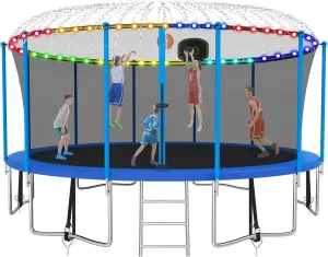 Tranpoline 1500LBS 16 15 14 12 FT Tranpoline for 7-10 Kids and Adults, Windproof Outdoor Tranpoline with Enclosure Net, Basketball Hoop, Lights, Easy to Install & Last Long - ASTM Approved