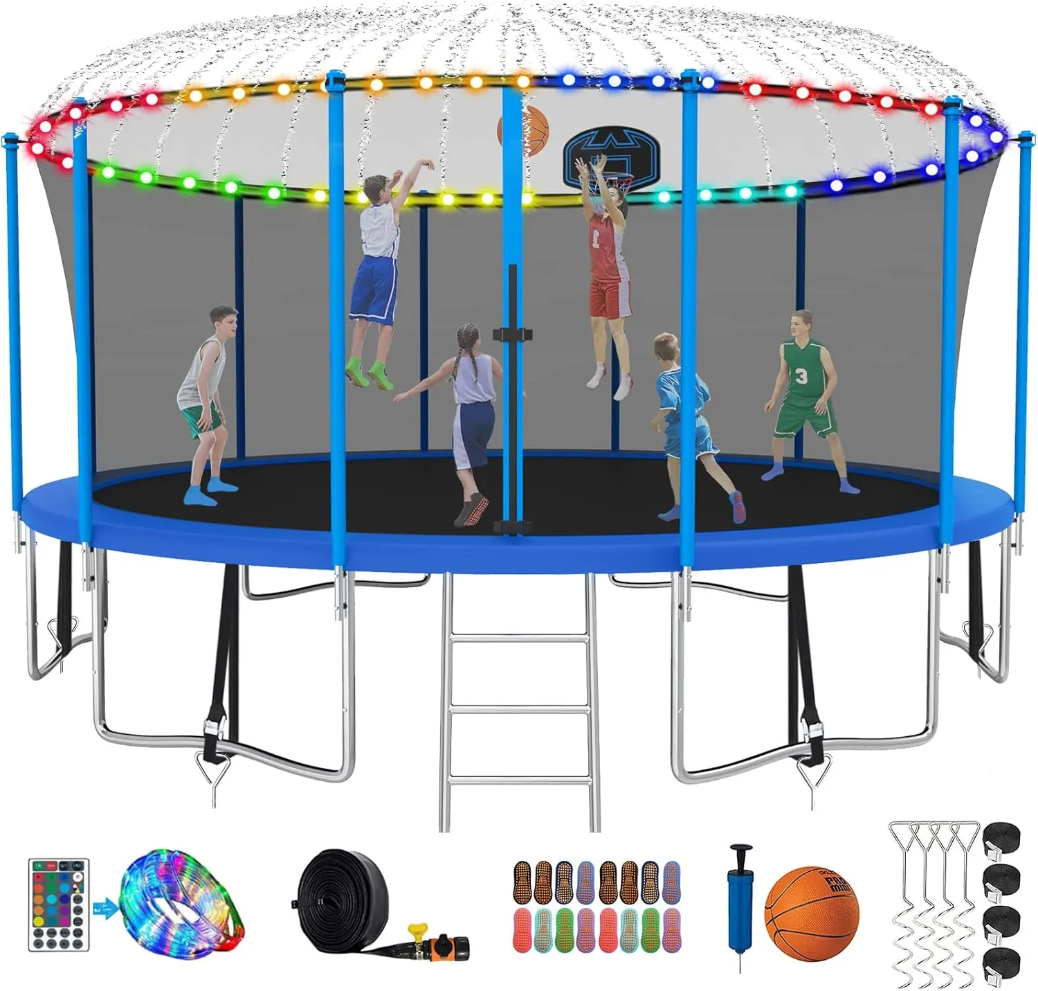 Tranpoline 1500LBS 16FT Blue Tranpoline for 7-10 Kids and Adults, Windproof Outdoor Tranpoline with Enclosure Net, Basketball Hoop, Easy to Install & Last Long - ASTM Approved