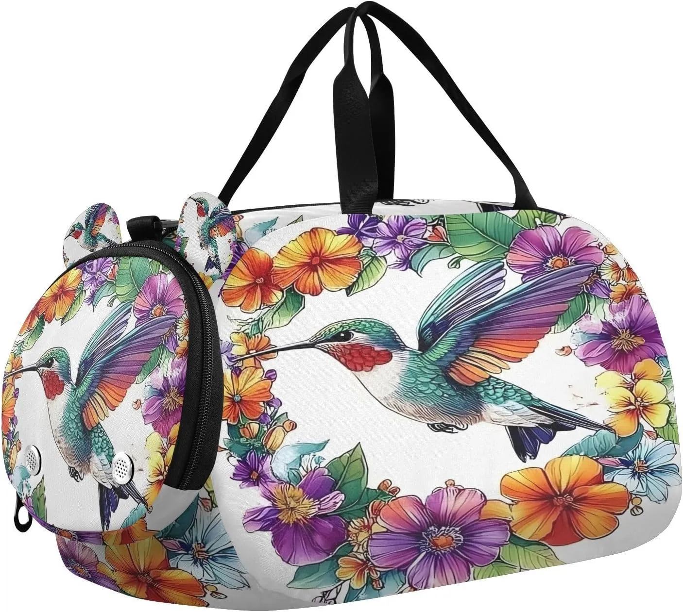 Travel Duffle Bag for Kids Boys Girls Colorful Hummingbird Flowers Wreath Sports Bag Overnighter Duffle Sleepover Weekender with Shoes Compartment