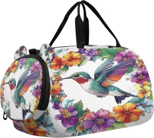 Travel Duffle Bag for Kids Boys Girls Colorful Hummingbird Flowers Wreath Sports Bag Overnighter Duffle Sleepover Weekender with Shoes Compartment