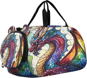 Travel Duffle Bag for Kids Boys Girls Dragon Boho Stained Glass Colorful Sports Bag Overnighter Duffle Sleepover Weekender with Shoes Compartment