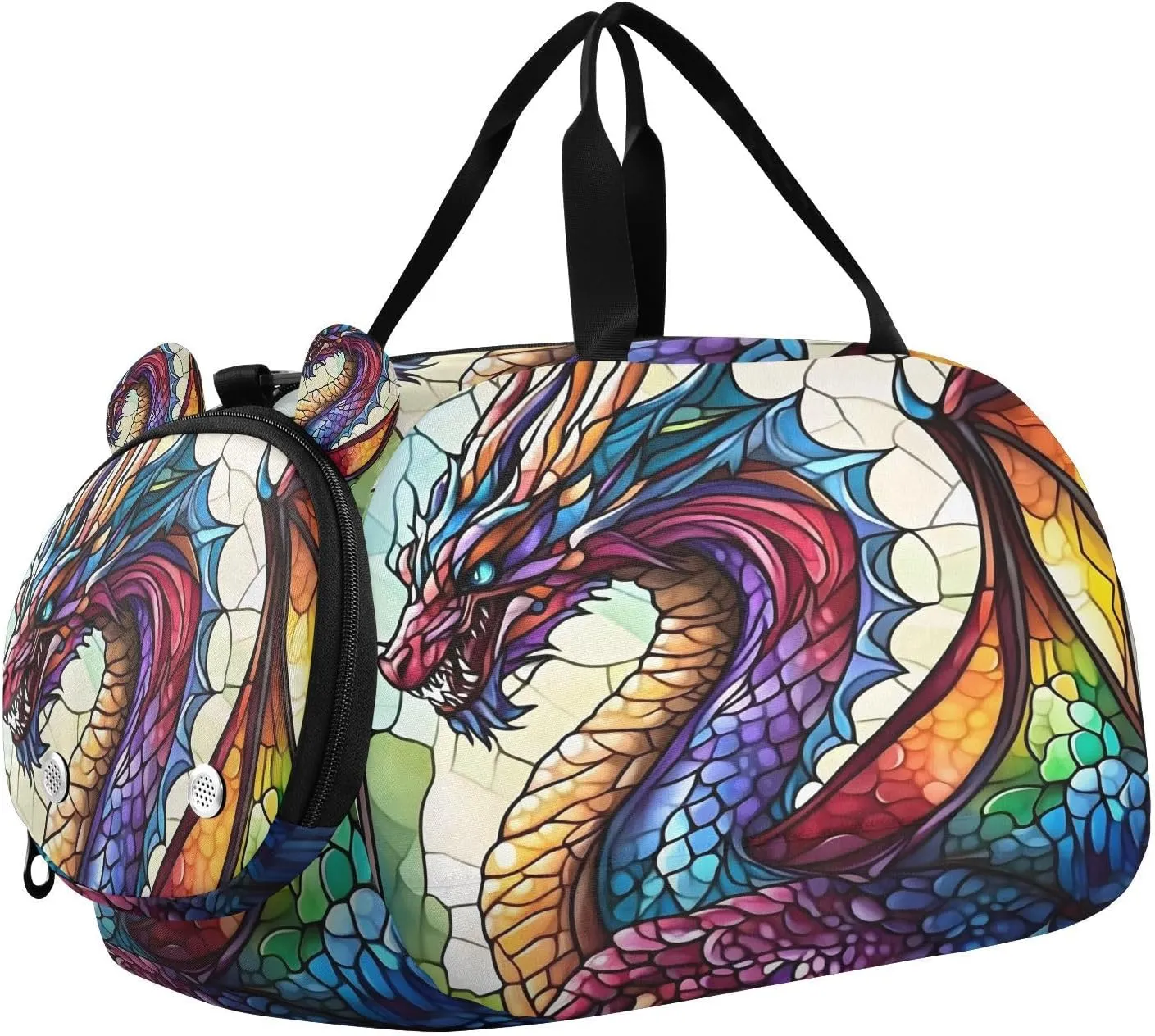 Travel Duffle Bag for Kids Boys Girls Dragon Boho Stained Glass Colorful Sports Bag Overnighter Duffle Sleepover Weekender with Shoes Compartment