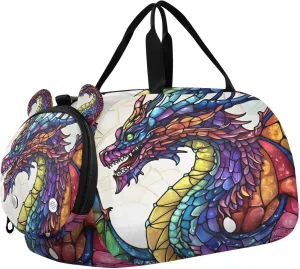 Travel Duffle Bag for Kids Boys Girls Dragon Stained Glass Colorful Boho Sports Bag Overnighter Duffle Sleepover Weekender with Shoes Compartment
