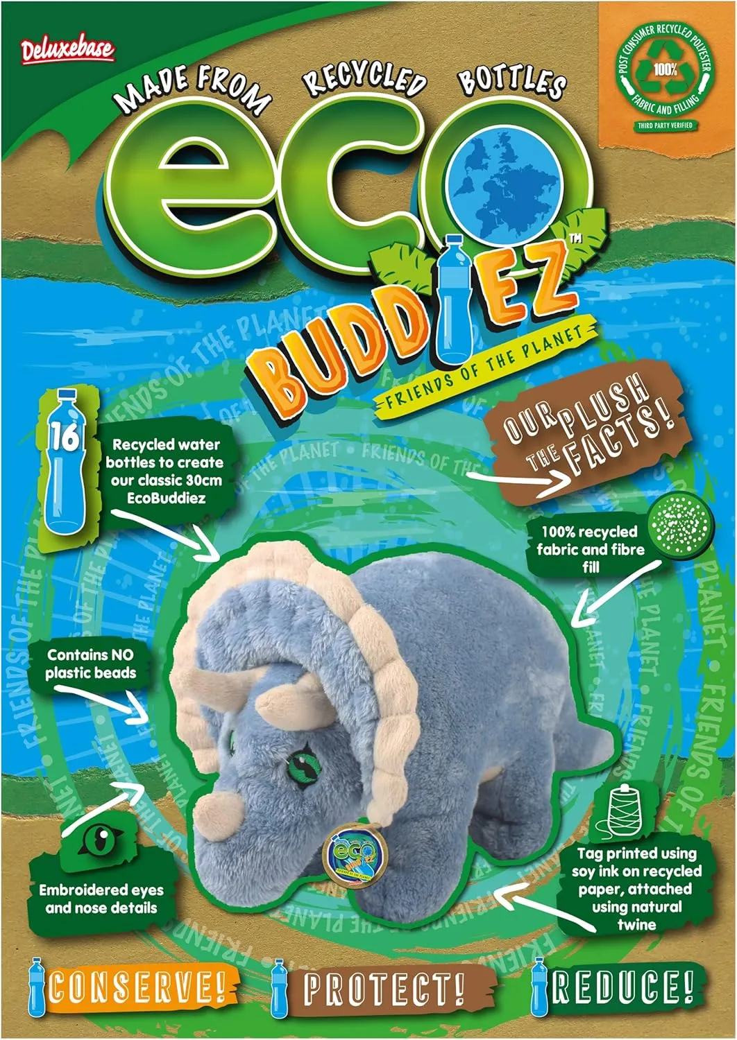 Triceratops from Deluxebase. 12 Inch Triceratops Plush Toy. Eco Friendly Child Safe Dinosaur Stuffed Animal Made from Recycled Plastic Bottles.