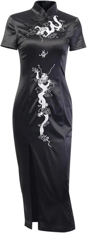 TSMNZMU Cheongsam Dress for Women - Gothic Asian Long Maxi Dress with Dragon Print
