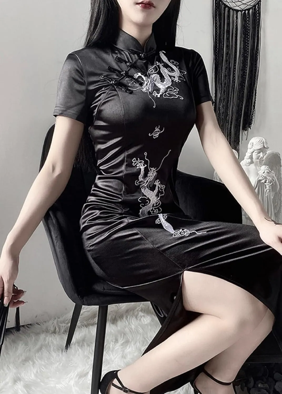 TSMNZMU Cheongsam Dress for Women - Gothic Asian Long Maxi Dress with Dragon Print