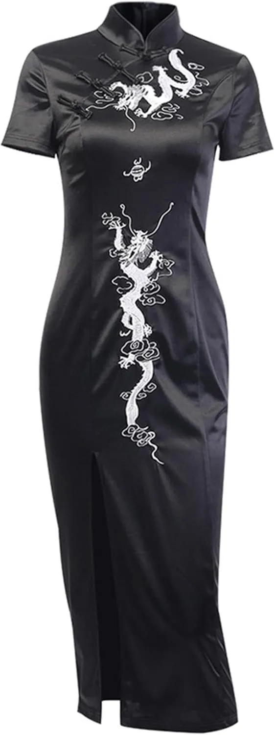 TSMNZMU Cheongsam Dress for Women - Gothic Asian Long Maxi Dress with Dragon Print