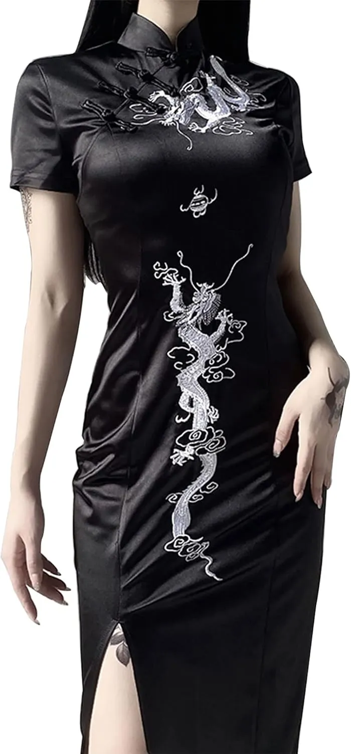 TSMNZMU Cheongsam Dress for Women - Gothic Asian Long Maxi Dress with Dragon Print