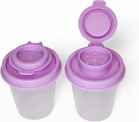 Tupperware Mini Salt and Pepper Shakers 2 oz Sheer with Lilac Pink Seals