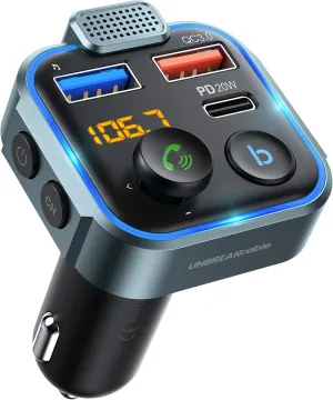 UNBREAKcable Bluetooth 5.3 FM Transmitter for Car, [PD 20W   QC 3.0] [Stronger Microphone & HiFi Bass Sound] Cigarette Lighter Radio Music Adapter Charger, Supports Hands-Free Siri Google Assistant