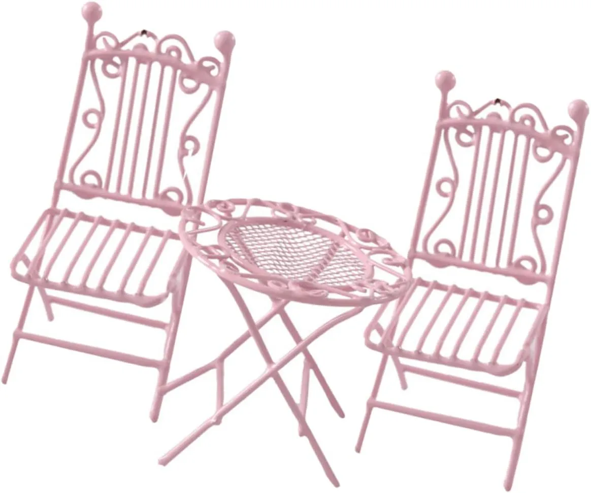 Vaguelly 3pcs Mini Wrought Iron Table and Chairs House Decorations for Home Miniature Toys Miniature Dolls Terrarium Moss Miniature House Furniture Micro Toys Pink Doll House Small House