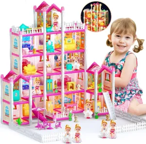 VATOS Dollhouse for Girl,5 Story 17 Rooms Luxury Pink Dollhouse, DIY Play Doll Room Set with Light Strip,4 Dolls,4 Puppy and Doll Furnitures, Dream Christmas Birthday Toy Gift for Girls 3 4 5 6 7 8