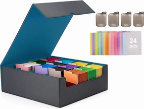 Venssu Card Storage Box For Trading Cards With Dedicated Card Supporters,3000  Mtg Deck Box With 24 Colorful Divider Tabs,Trading Card Storage Fits For Magic Game Cards (Black and Cyan)