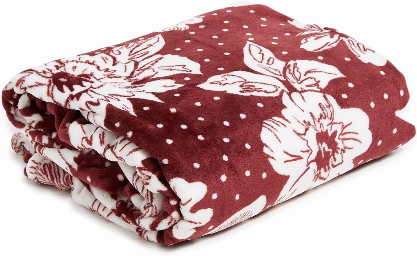 Vera Bradley Collegiate Plush XL Throw Blanket (Multiple Teams Available), Maroon/White Rain Garden