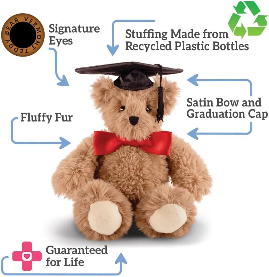 Vermont Teddy Bear Graduation Bear 13 Inches | Graduation Bears Class of 2025 with Black Cap and Red Bow, Designed in USA | Super Soft Collection