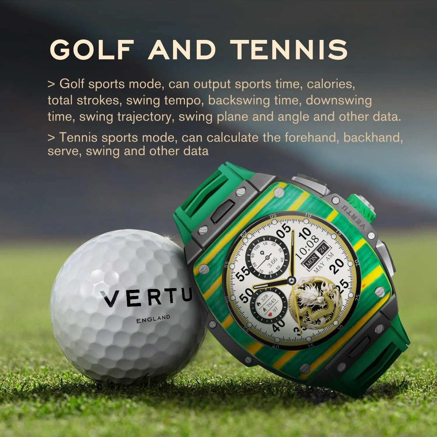 VERTU Grand Watch 44mm Tonneau Luxurious Triple Complication Ai Smart Watch for Men with 1.32" Sapphire Display, Tourbillon, Fitness Tracker (Gold Carbon Fiber, Black and Blue)