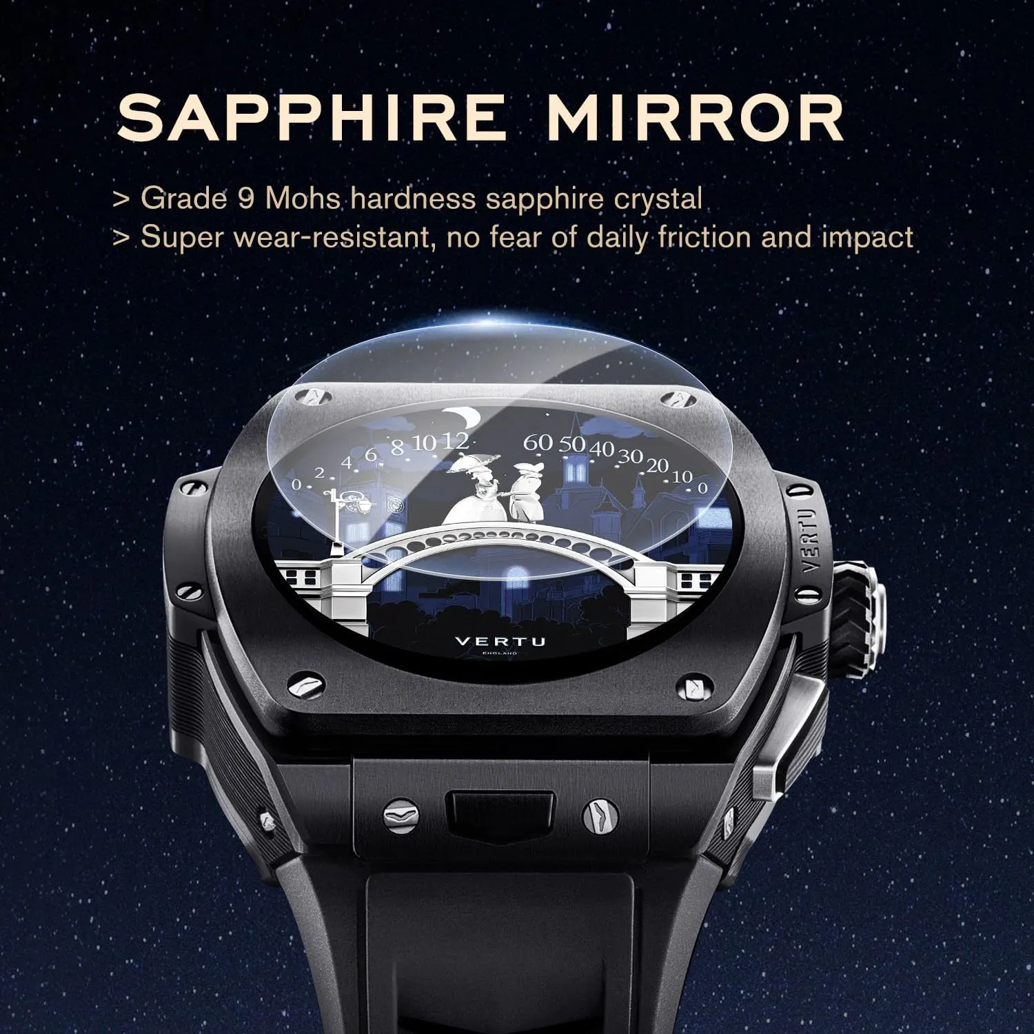 VERTU Grand Watch 44mm Tonneau Luxurious Triple Complication Ai Smart Watch for Men with 1.32" Sapphire Display, Tourbillon, Fitness Tracker (Gold Carbon Fiber, Black and Blue)