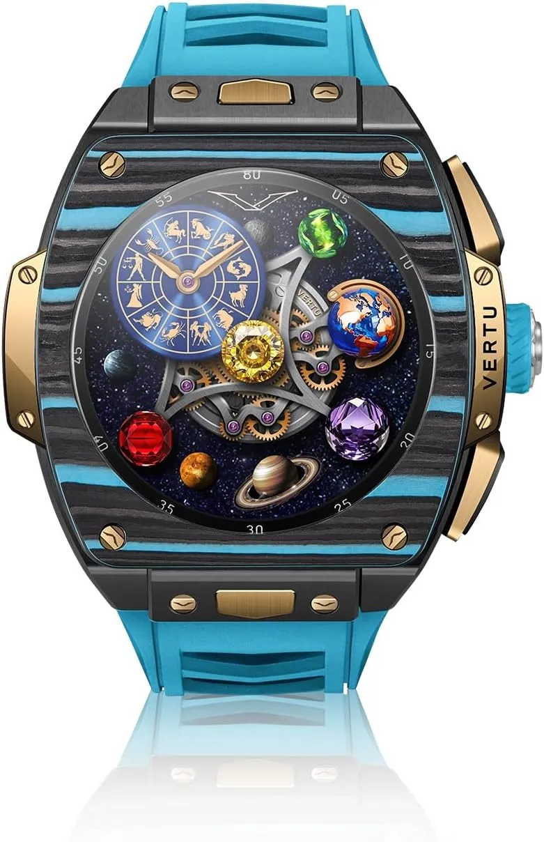 VERTU Grand Watch 44mm Tonneau Luxurious Triple Complication Ai Smart Watch for Men with 1.32" Sapphire Display, Tourbillon, Fitness Tracker (Gold Carbon Fiber, Black and Blue)