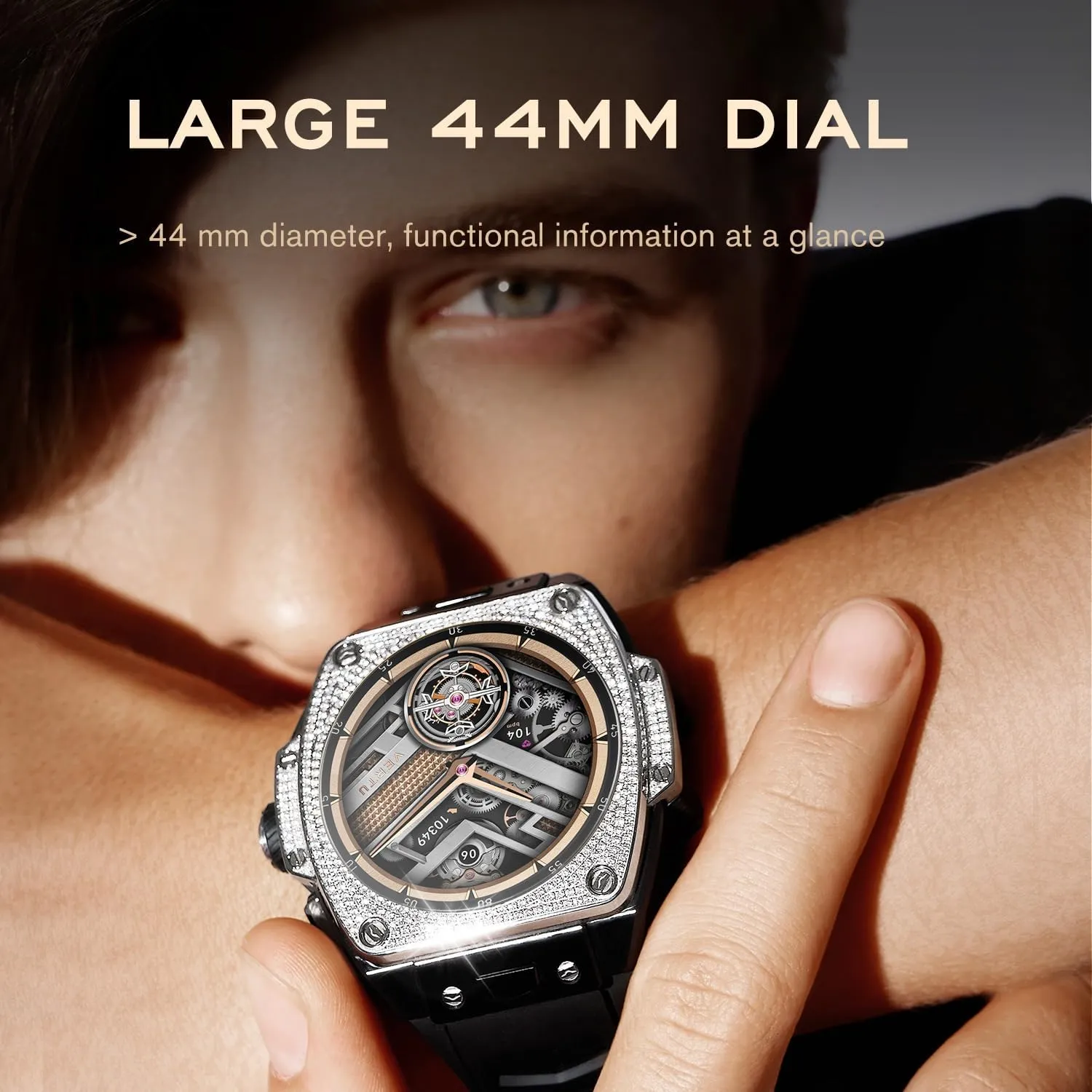 VERTU Grand Watch 44mm Tonneau Luxurious Triple Complication Ai Smart Watch for Men with 1.32" Sapphire Display, Tourbillon, Fitness Tracker (Gold Carbon Fiber, Black and Blue)
