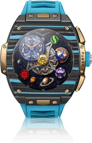 VERTU Grand Watch 44mm Tonneau Luxurious Triple Complication Ai Smart Watch for Men with 1.32" Sapphire Display, Tourbillon, Fitness Tracker (Gold Carbon Fiber, Black and Blue)