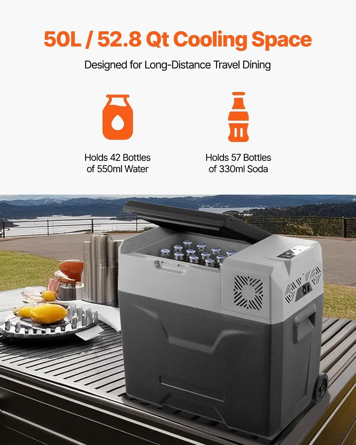 VEVOR Car Refrigerator, 12 Volt Car Refrigerator Fridge, 50 L Single Zone Portable Freezer with Wheels and Handle, -4℉-68℉, 12/24V DC and 100-240V AC Compressor Cooler for Outdoor, Camping