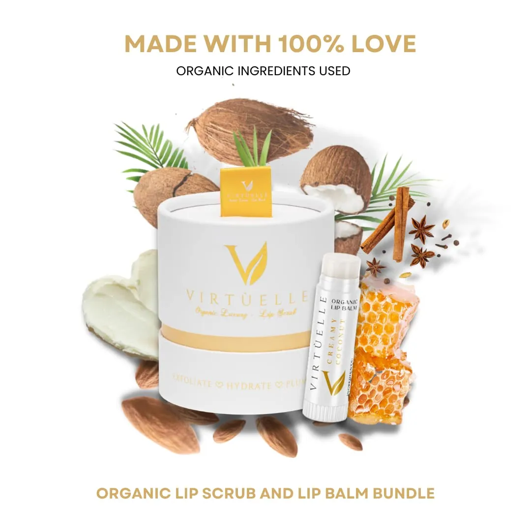 VIRTELLE Organic & Vegan Lip Bundle - Moisturize, Exfoliate, Plump (1 Lip Scrub, 1 Lip Balm)